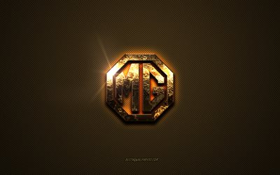 Logo MG dorato, grafica, sfondo marrone in metallo, emblema MG, logo MG, marchi, MG