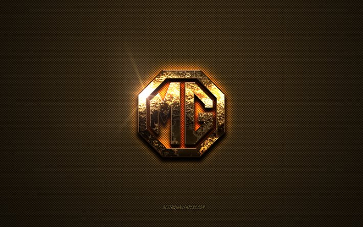 mg goldenes logo, artwork, brauner metallhintergrund, mg-emblem, mg-logo, marken, mg