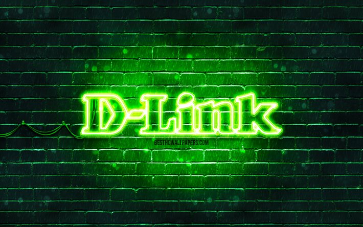 Logo vert D-Link, 4k, mur de briques vert, logo D-Link, marques, logo n&#233;on D-Link, D-Link