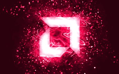 Logotipo rosa da AMD, 4k, luzes de n&#233;on rosa, criativo, fundo abstrato rosa, logotipo da AMD, marcas, AMD