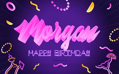 お誕生日おめでとうモーガン, 4k, 紫のパーティーの背景, モーガン, クリエイティブアート, お誕生日おめでとう, モーガン名, モーガンの誕生日, 誕生日パーティーの背景