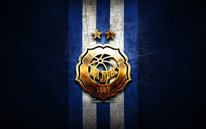 HJK FC, altın logo, Veikkausliiga, mavi metal arka plan, futbol, Fin Futbol Kul&#252;b&#252;, HJK FC logo, HJK Helsinki, Helsingin Jalkapalloklubi