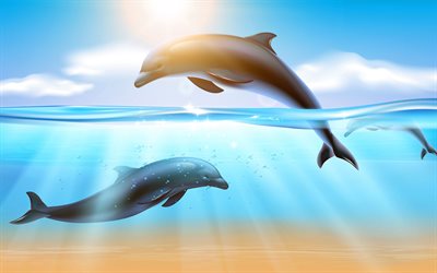 drawn dolphins, underwater world, dolphins, art, mammals, pair of dolphins