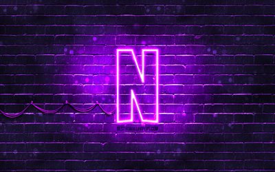 Netflix violetti logo, 4k, violetti tiilisein&#228;, Netflix logo, tuotemerkit, Netflix neon logo, Netflix