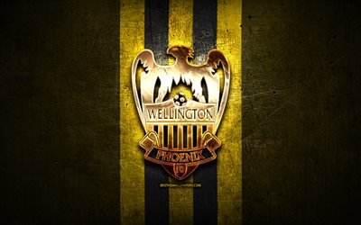 Wellington Phoenix II FC, logo dorato, Campionato di calcio della Nuova Zelanda, sfondo giallo in metallo, squadra di calcio della Nuova Zelanda, logo Wellington Phoenix II, calcio, Wellington Phoenix II