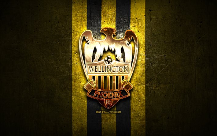 Wellington Phoenix II FC, golden logo, New Zealand Football Championship, yellow metal background, New Zealand soccer club, Wellington Phoenix II logo, soccer, Wellington Phoenix II