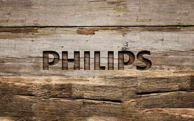 Philips wooden logo, 4K, wooden backgrounds, brands, Philips logo, creative, wood carving, Philips
