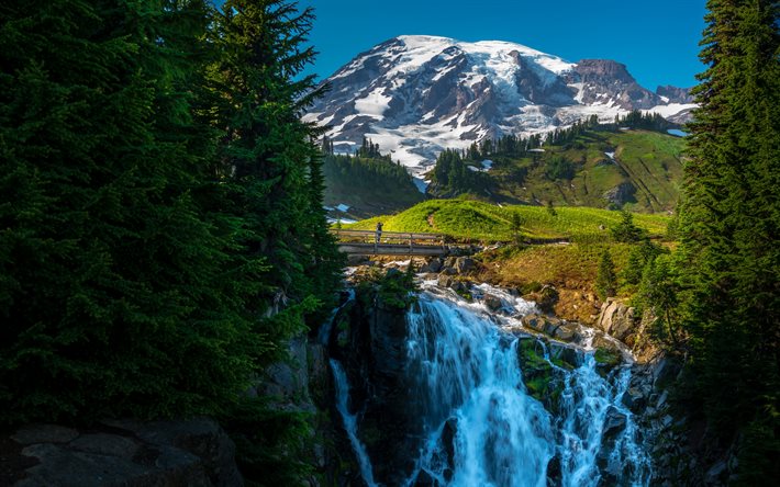 Myrtle Falls, cascata di montagna, Mount Rainier, fiume di montagna, Cascade Range, paesaggio di montagna, scogliere, nello Stato di Washington, il Parco Nazionale Rainier, STATI UNITI D&#39;AMERICA