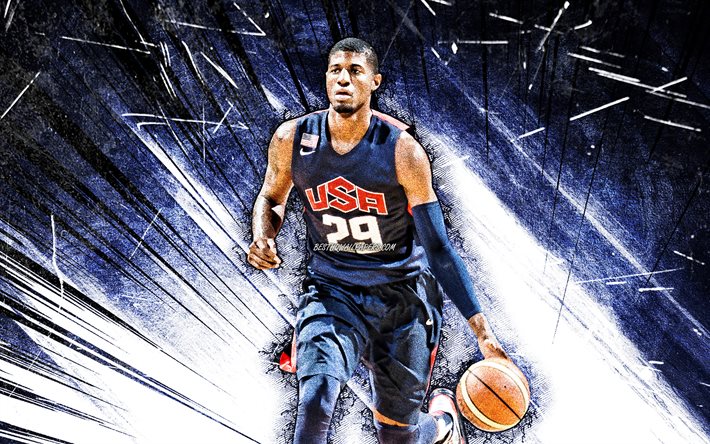 4k, Paul George, grunge art, USA Basketball Mens National Team, Paul Cliftonantho George, koripallo, Yhdysvaltain miesten koripallomaajoukkue, siniset abstraktit s&#228;teet, Paul George 4K