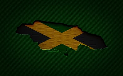 Carte de la Jamaïque, 4k, pays d'Amérique du Nord, drapeau jamaïcain, fond de carbone vert, silhouette de carte de la Jamaïque, drapeau de la Jamaïque, Amérique du Nord, carte de la Jamaïque, Jamaïque