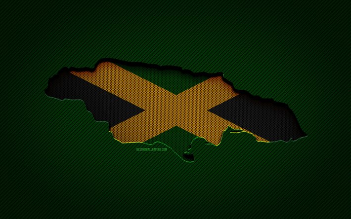 Giamaica mappa, 4k, paesi del Nord America, bandiera Giamaicana, sfondo verde carbonio, Giamaica mappa silhouette, Giamaica bandiera, Nord America, Giamaica, bandiera della Giamaica