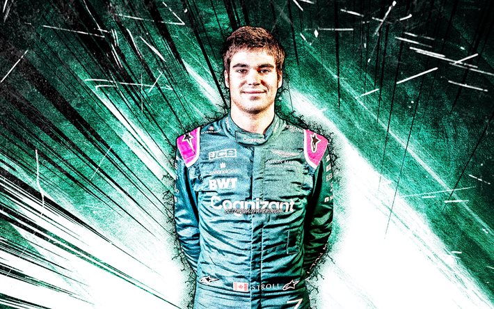 4k, Lance Stroll, grunge art, Aston Martin F1 Team, canadian racing drivers, Formula 1, green abstract rays, F1 2021, Lance Stroll Aston Martin