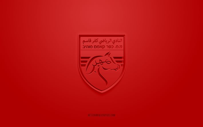 FC Kafr Qasim, logo 3D creativo, sfondo rosso, Liga Leumit, emblema 3d, Israel Football Club, Kafr Qasim, Israele, arte 3d, calcio, FC Kafr Qasim logo 3d