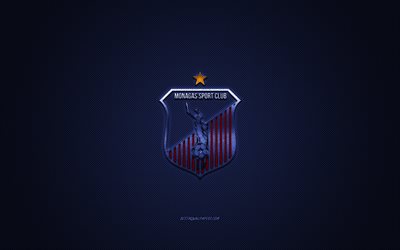 Monagas SC, venezuelansk fotbollsklubb, r&#246;d logotyp, bl&#229; kolfiberbakgrund, Venezuelas Primera Division, fotboll, Maturin, Venezuela, Monagas SC logotyp