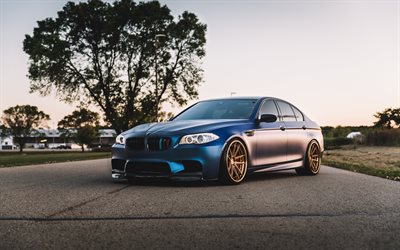 BMW M5, F10, front view, sunset, blue matte M5 F10, exterior, tuning M5, German cars, BMW