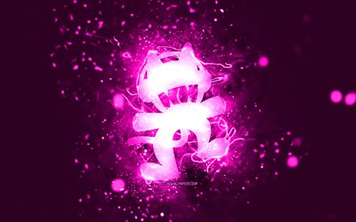 Monstercat mor logo, 4k, Kanadalı DJ&#39;ler, mor neon ışıklar, yaratıcı, mor soyut arka plan, Monstercat logosu, m&#252;zik yıldızları, Monstercat