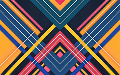 colorful lines, 4k, material design, triangles, geometric shapes, blue backgrounds, abstract triangles, geometric art, creative, geometric patterns