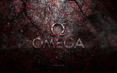 Omega logotyp, grunge konst, Omega sten logotyp, r&#246;d sten textur, Omega, grunge sten textur, Omega emblem, Omega 3d logotyp