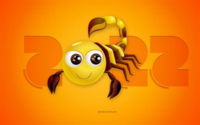 2022 Ano de Escorpi&#227;o, Feliz Ano Novo de 2022, fundo amarelo, signo 3D do zod&#237;aco Escorpi&#227;o, 2022 Ano Novo, signo Escorpi&#227;o do zod&#237;aco, 2022 conceitos, Escorpi&#227;o
