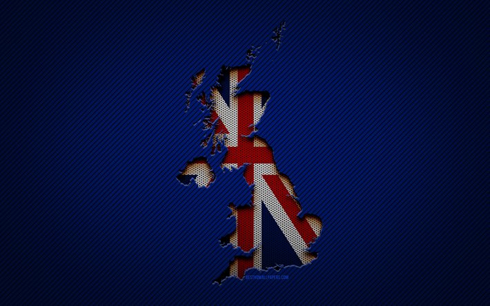 Mapa do Reino Unido, 4k, pa&#237;ses europeus, bandeira do Reino Unido, fundo de carbono azul, silhueta do mapa do Reino Unido, Europa, mapa do Reino Unido, Reino Unido