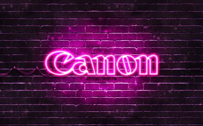 Canon purple logo, 4k, purple brickwall, Canon logo, brands, Canon neon logo, Canon