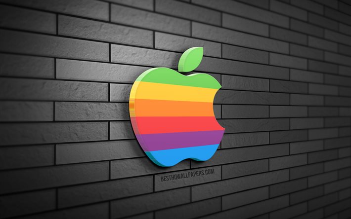 apple retro-logo, 4k, grafik, graue ziegelmauer, kreativ, marken, apple-logo, 3d-kunst, apple 3d-logo, apple