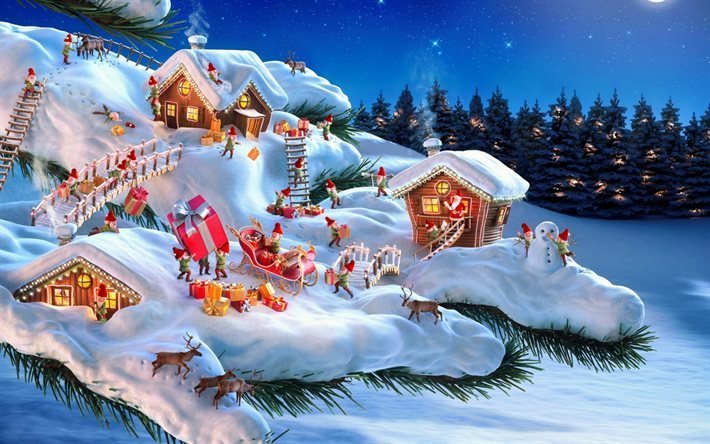 Yeni Yıl Arifesinde, orman, Noel, Elfler, kış, kar