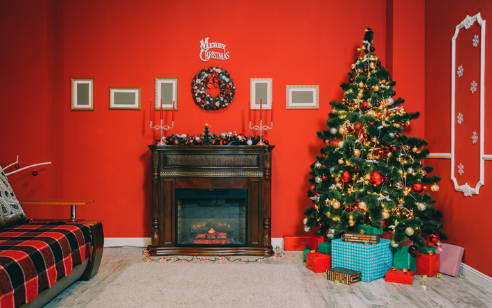 Feliz Navidad, chimenea, intereses, regalos, decoraci&#243;n, &#225;rbol de Navidad