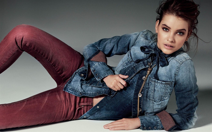 Barbara Palvin, photosession, pink jeans, Hungarian top model, jeans jacket, make-up, beautiful woman