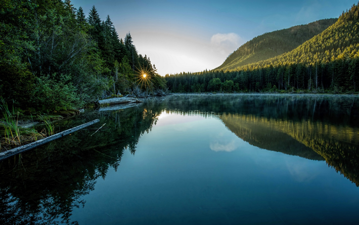 montagne, lac, matin, lever de soleil, for&#234;t, paysage de montagne, du Canada, de l&#39;&#206;le de Vancouver, les Parcs Nationaux
