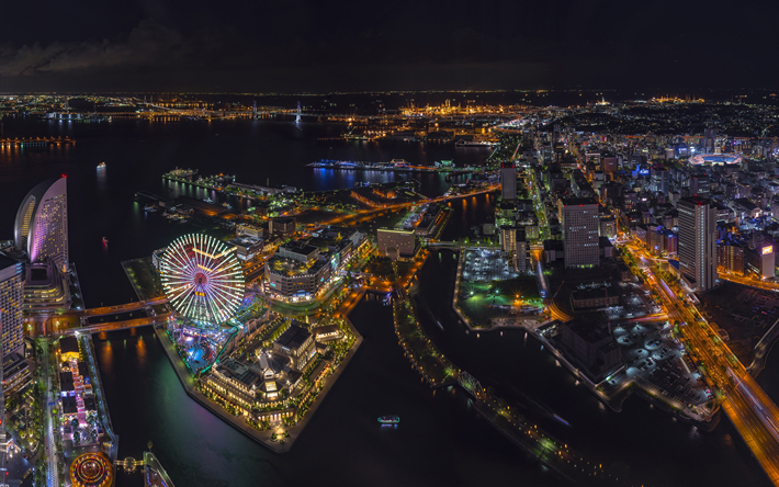 Yokohama, 4k, du port, de Minato Mirai 21, les paysages nocturnes, Japon