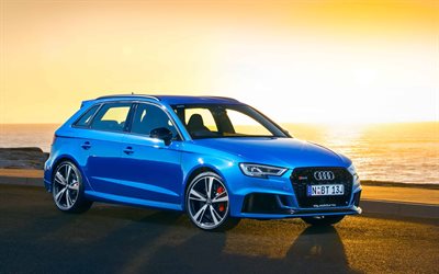 4k, Audi RS3 Sportback, 2017 cars, tuning, blue RS3, sunset, german cars, Audi