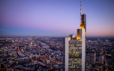 Frankfurt am Main, Tyskland, stadsbilden, morgon, soluppg&#229;ng, skyskrapor