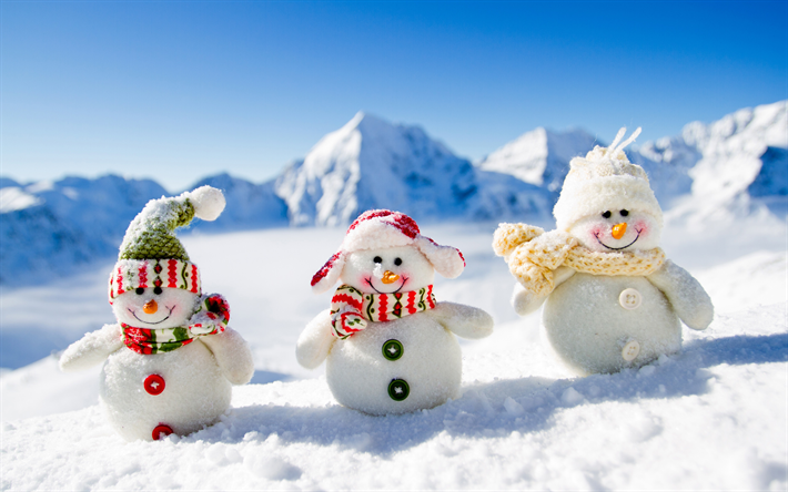 bonecos de neve, montanhas, inverno, brinquedos, Natal, boneco de neve