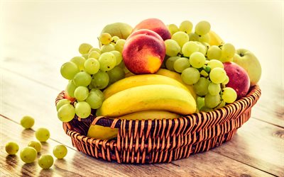 fruits, basket, peaches, bananas, grapes
