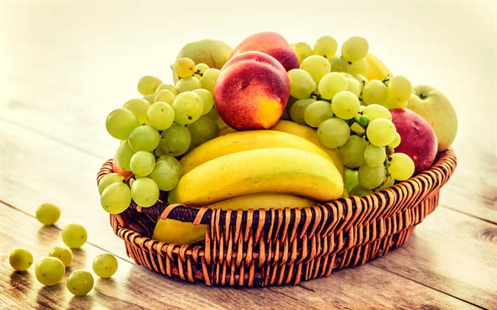 frutas, cesta de, p&#234;ssegos, bananas, uvas