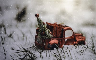 حفلة عيد الميلاد, السيارة, شجرة عيد الميلاد, الشتاء, السنة الجديدة, الثلوج