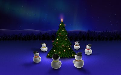 Christmas tree, snowmen, winter, night, Christmas, Xmas, snowman
