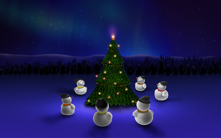 weihnachtsbaum, schneem&#228;nner, winter, nacht, weihnachten, schneemann