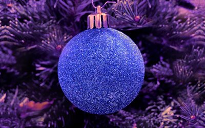 blue christmas ball, New Year, Christmas, Purple Christmas tree