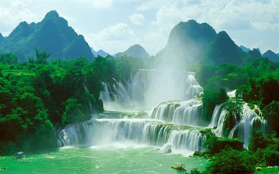 Detian Waterfall, jungle, сhinese landmarks, Daxin County, China