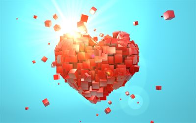 cœur, des cubes, 4k, le cœur bris&#233;, coeur en 3d, cr&#233;atif, pour la saint Valentin