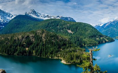 Diablo Lake, North Cascade mountains, mountain lake, Washington, USA, forest, mountain landscape