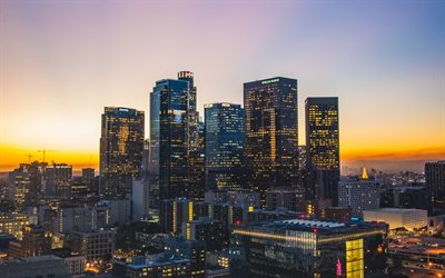 Los Angeles, puesta de sol, rascacielos, estados UNIDOS, LA, estados unidos