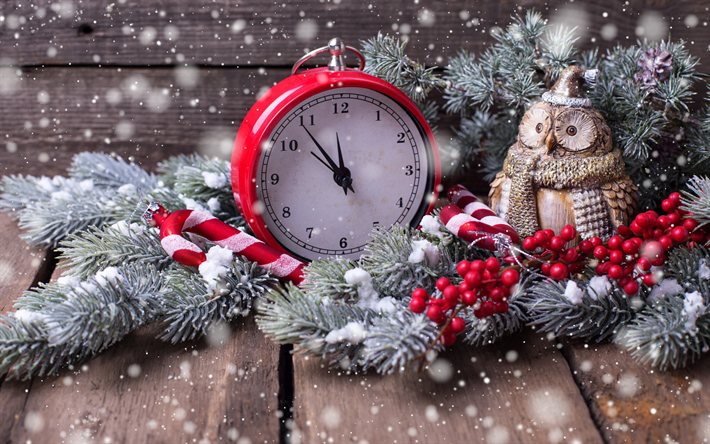 New Year, red clock, alarm clock, Christmas tree, Merry Christmas, Xmas