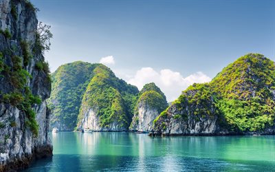 Halong Bay, 4k, okyanus, yaz, Vietnam, cliffs, Asya