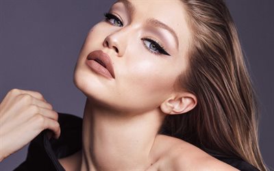 Gigi Hadid, American supermodel, make-up, portrait, photo shoot, black dress, face