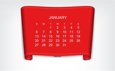 2019 Januari Kalender, r&#246;tt papper element, 2019 begrepp, 2019 kalender, konst, kalender f&#246;r januari 2019