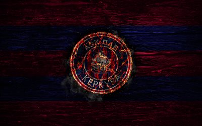 Kerkyra FC, fire logo, Greece Super League, purple and blue lines, greek football club, grunge, football, soccer, Kerkyra logo, wooden texture, Greece