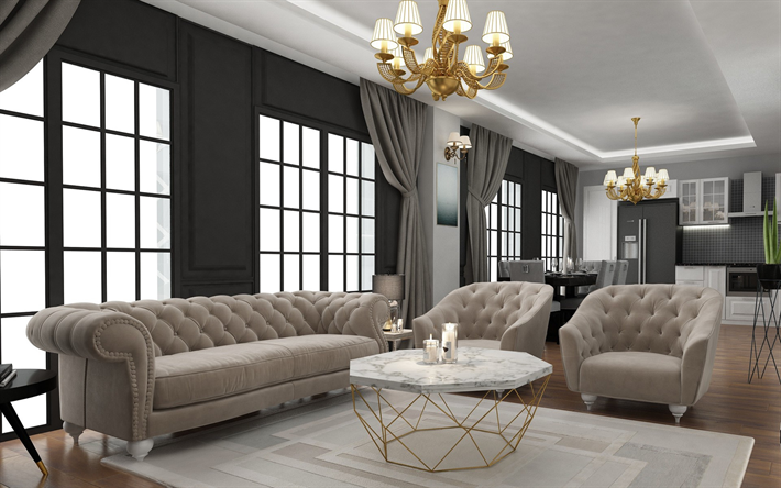 elegante salone interno, grigio, soggiorno, stile classico, moderno e design di interni
